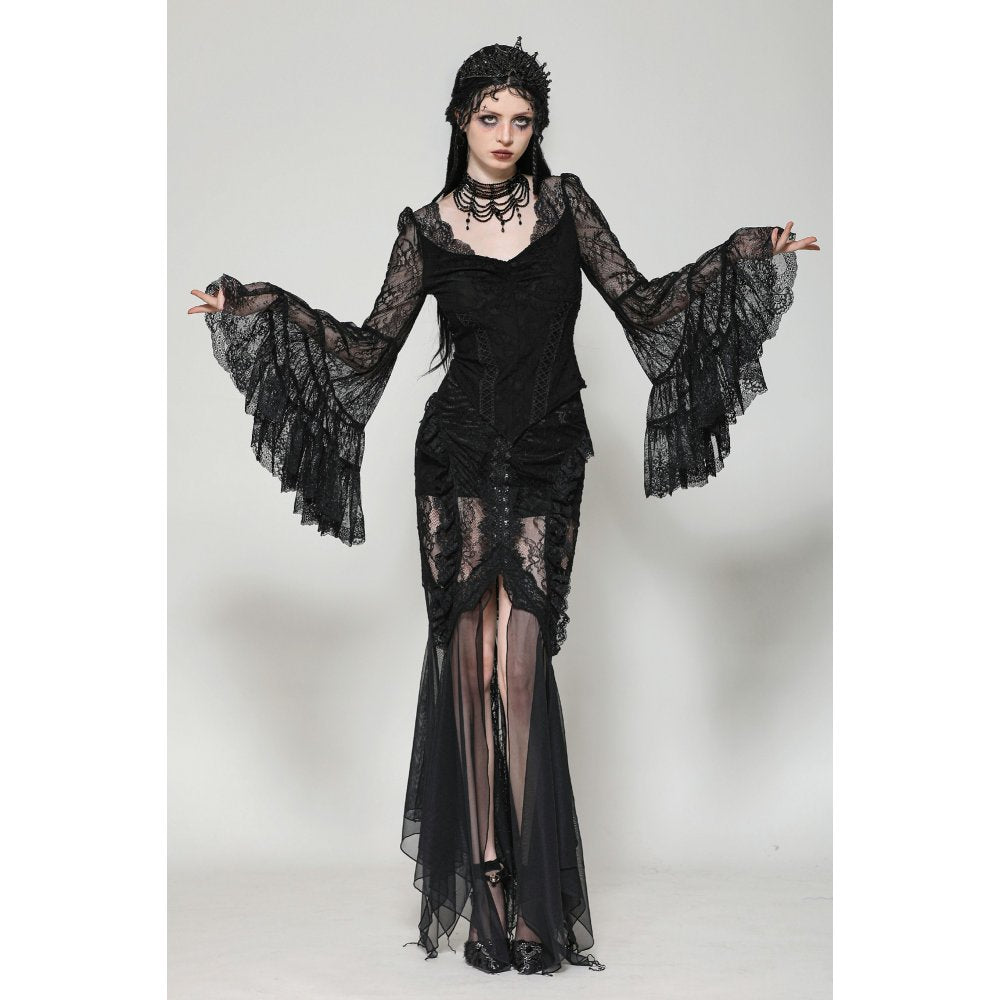 Dark in Love Zuri Gothic Romantic Lace Patchwork Bell-Sleeve Layered Cuff Top - DevilGothic DevilGothic