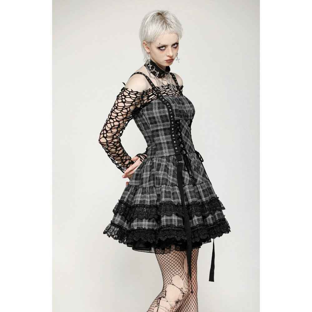 Dark in Love Ida Punk Grey Tartan Metal Studded Dress