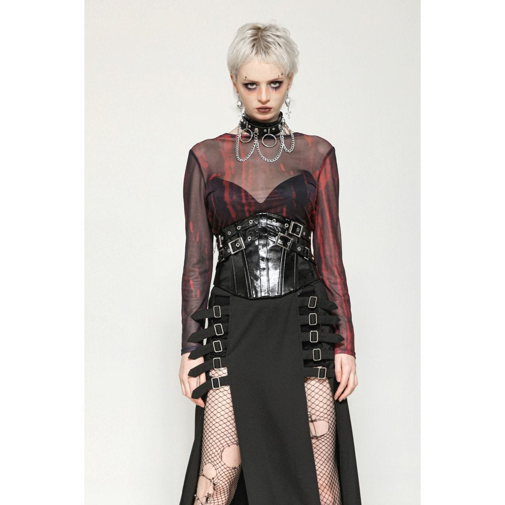 Dark in Love Carson Black and Red Tie-Dye Mesh Versatile Basic Top - DevilGothic DevilGothic