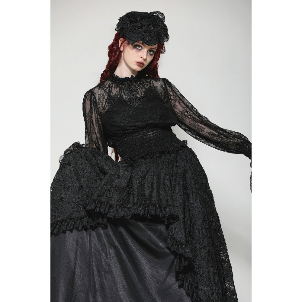 Dark in Love Aoife Black Hollow Lace Elastic Pleated Waist Eyelash Lace Cuff Top - DevilGothic DevilGothic