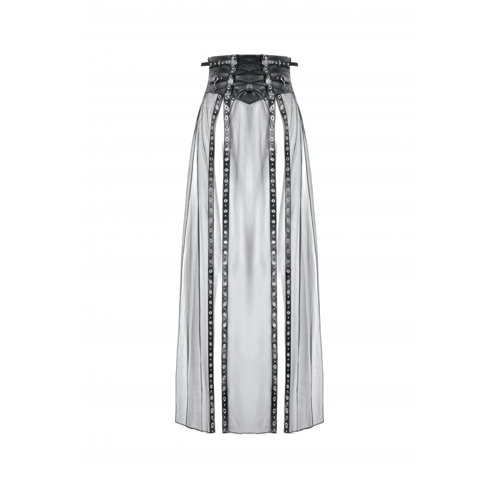 Dark in Love Gothic Sheer Mesh Maxi Skirt with PU Waist Corset - DevilGothic DevilGothic