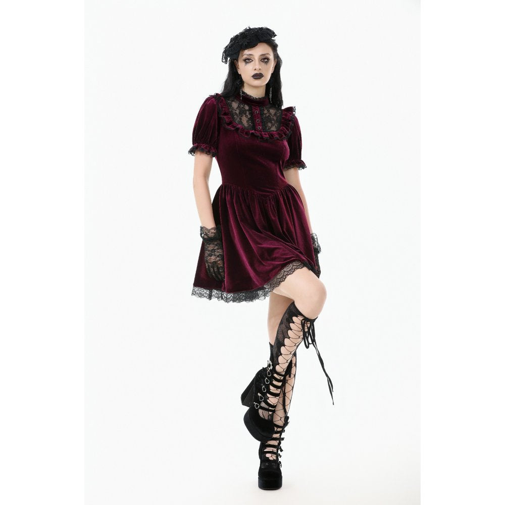Dark in Love Ophelia Lace Collar Burgundy Velvet Goth Dress - DevilGothic DevilGothic