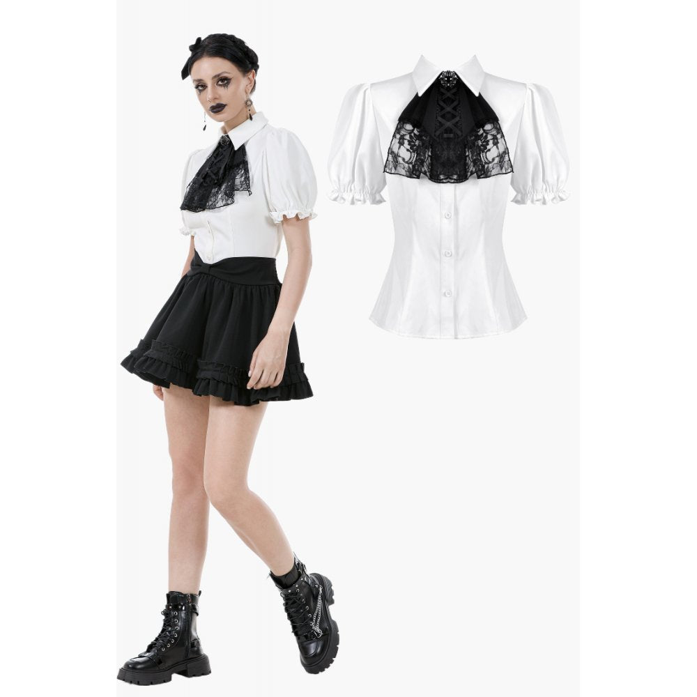 Dark in Love Elysia Ruffle Bib Puff Sleeve Goth Blouse in White - DevilGothic DevilGothic