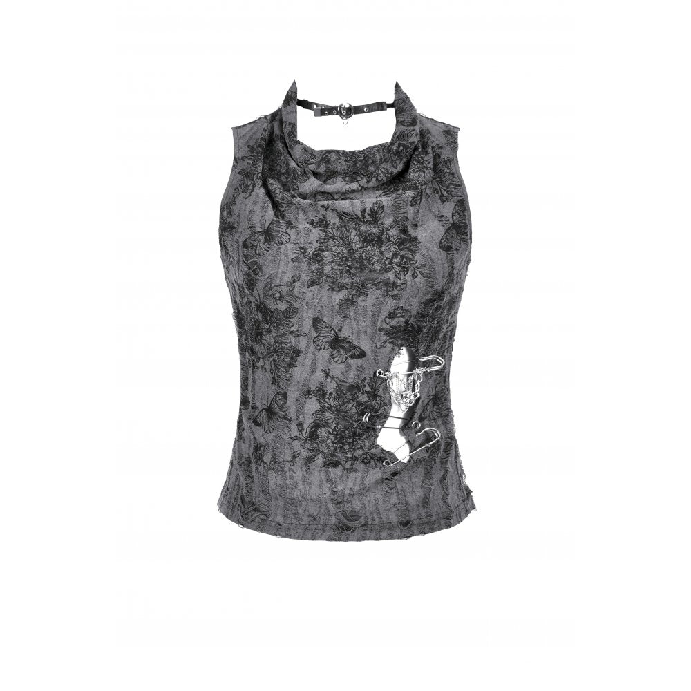Dark in Love Shredded Butterfly Print Halter Goth Top In Grey - DevilGothic DevilGothic