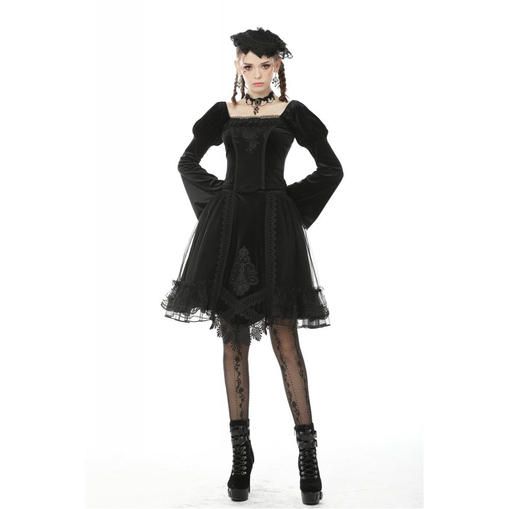 Dark in Love Melisandre Embroidered Velvet Mesh Goth Skirt in Black - DevilGothic DevilGothic