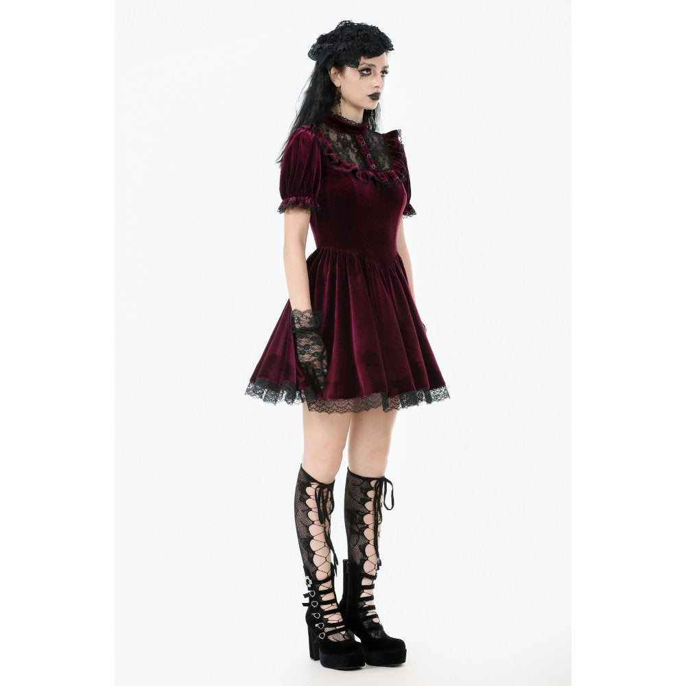 Dark in Love Ophelia Lace Collar Burgundy Velvet Goth Dress - DevilGothic DevilGothic