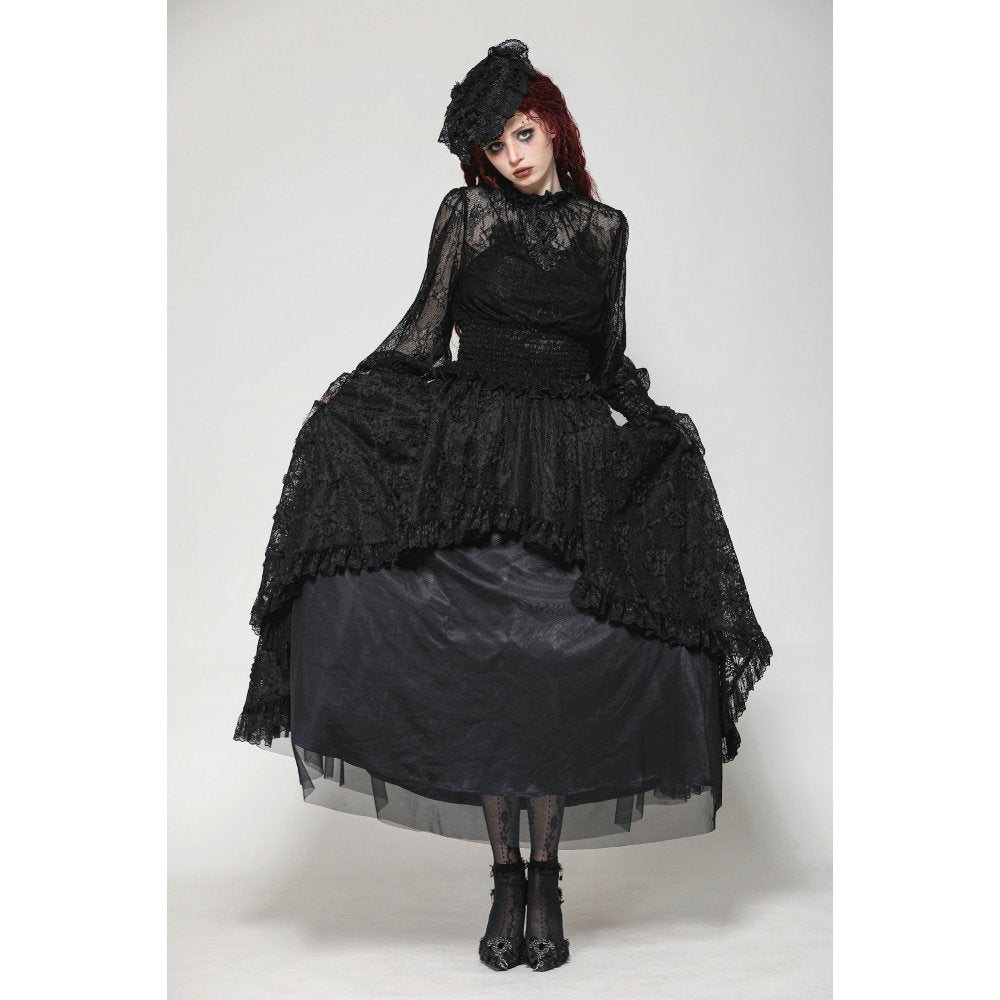 Dark in Love Aoife Black Hollow Lace Elastic Pleated Waist Eyelash Lace Cuff Top - DevilGothic DevilGothic