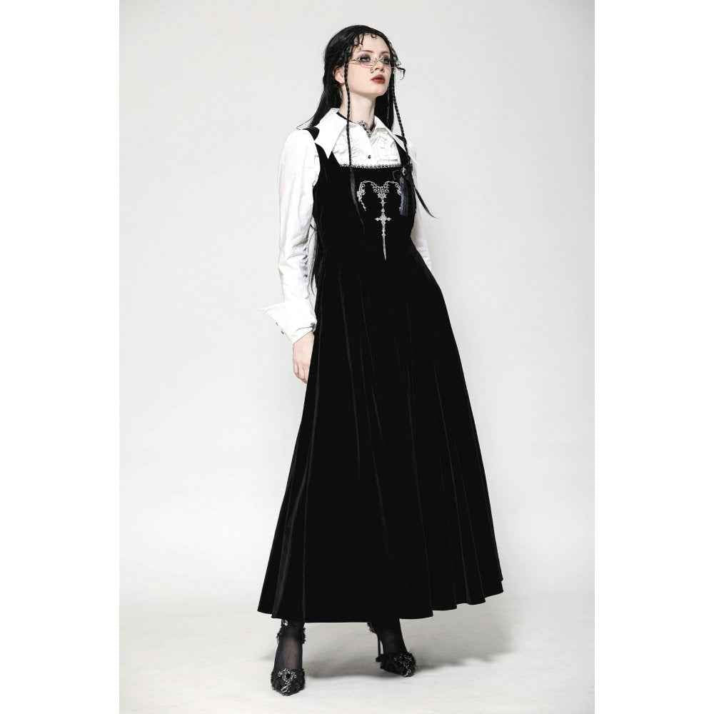 Dark in Love Lux Black Velvet Horn Embroidery Maxi Dress
