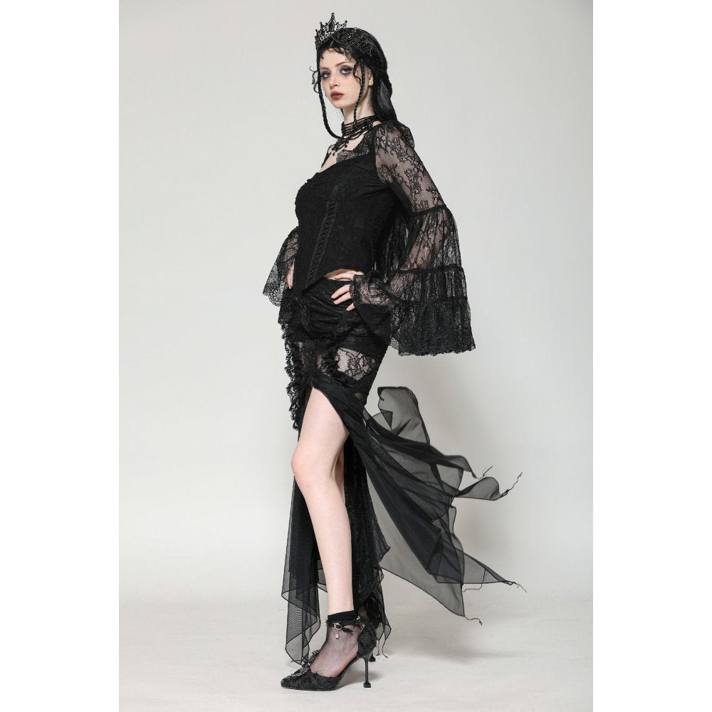 Dark in Love Zuri Gothic Romantic Lace Patchwork Bell-Sleeve Layered Cuff Top - DevilGothic DevilGothic