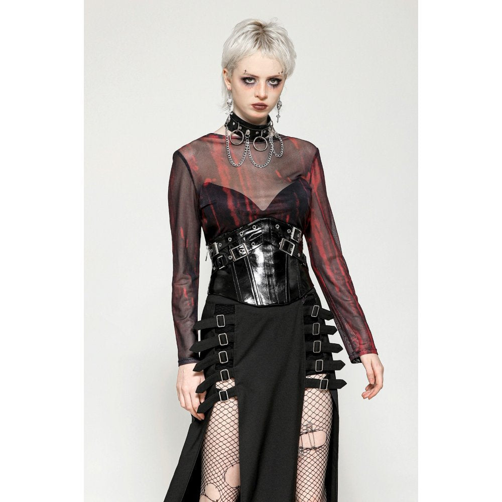 Dark in Love Carson Black and Red Tie-Dye Mesh Versatile Basic Top - DevilGothic DevilGothic