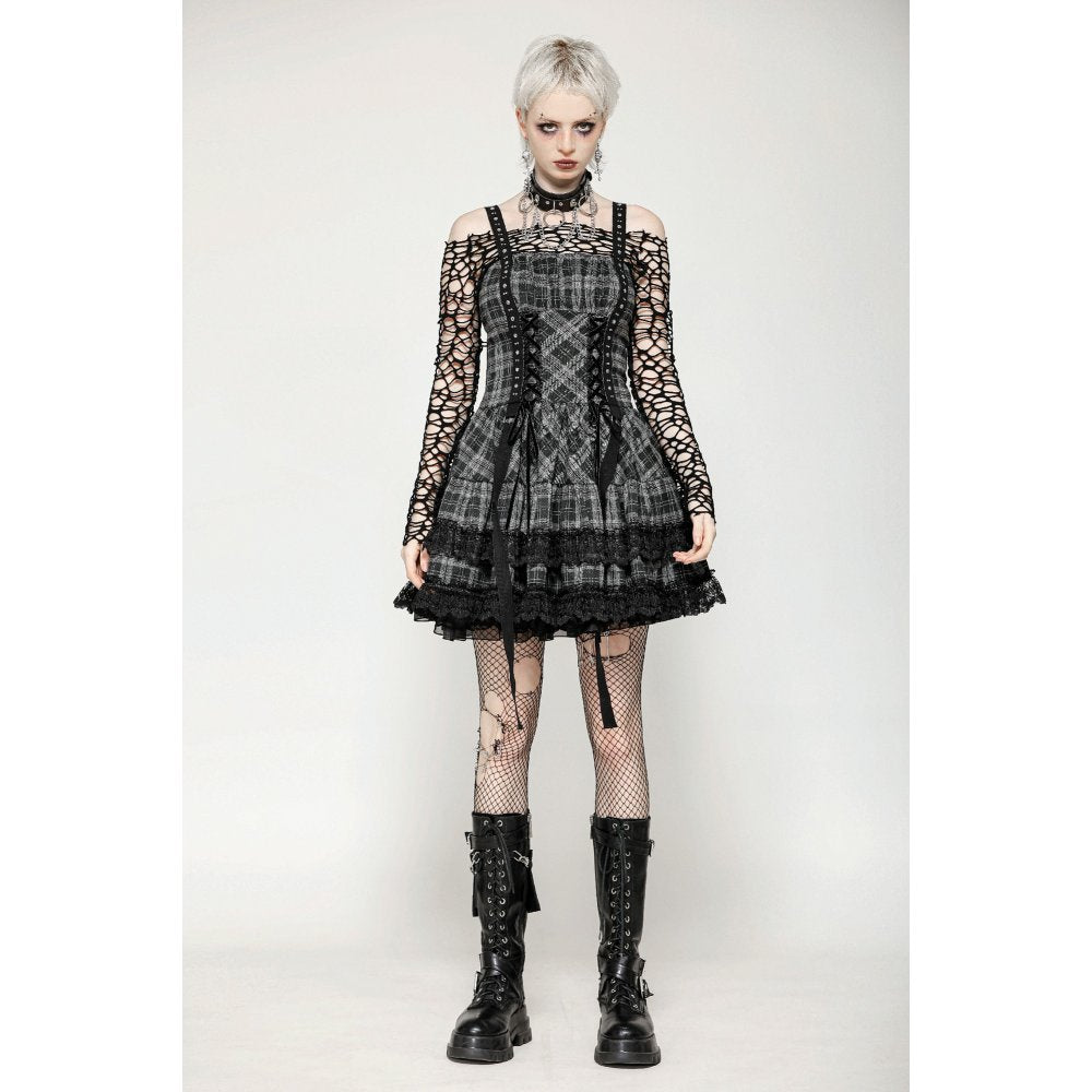 Dark in Love Ida Punk Grey Tartan Metal Studded Dress - DevilGothic DevilGothic