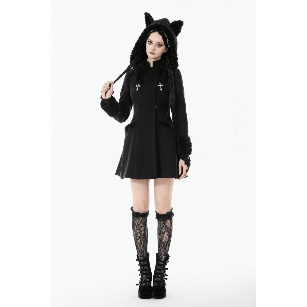Dark in Love Cat-Ear Faux Fur Trim Gothic Coat - DevilGothic DevilGothic