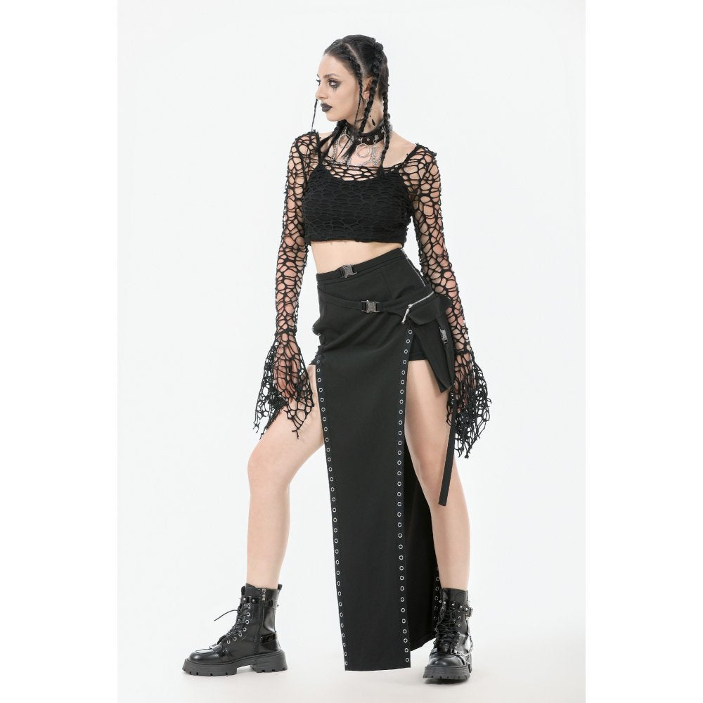Dark in Love Morana Mesh Crochet Knit Bell Sleeve Crop Top - DevilGothic DevilGothic
