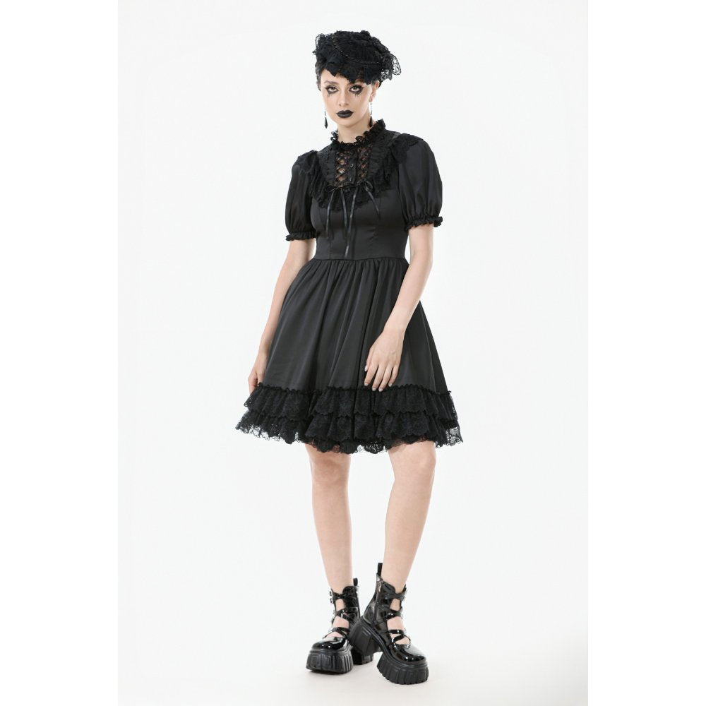 Dark in Love Belladonna Lace-Up High Collar Puff Sleeve Goth Dress  in Black - DevilGothic DevilGothic