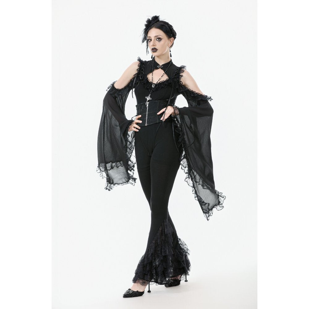 Dark in Love Goth Flare Leggings with Lace Frills - DevilGothic DevilGothic