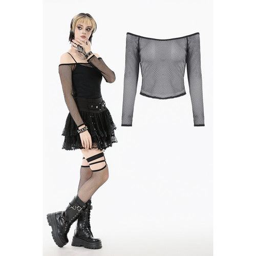Dark in Love Lyra Fishnet Off-Shoulder Gothic Mesh Top - DevilGothic DevilGothic