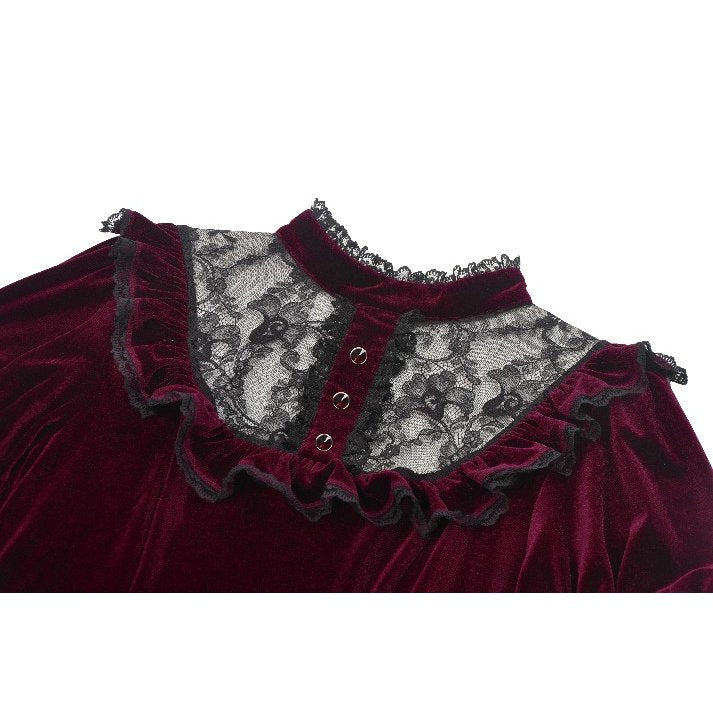 Dark in Love Ophelia Lace Collar Burgundy Velvet Goth Dress - DevilGothic DevilGothic