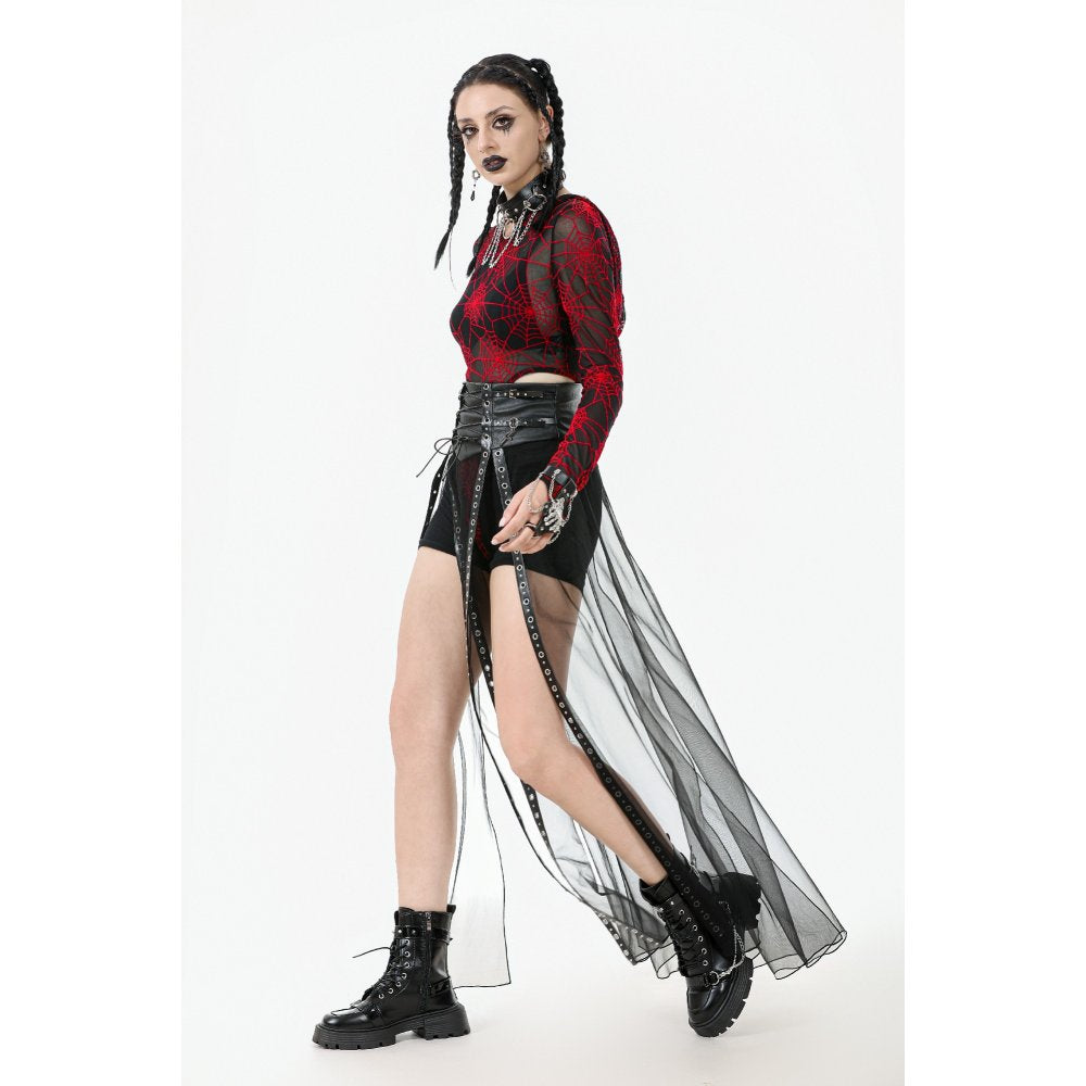Dark in Love Gothic Sheer Mesh Maxi Skirt with PU Waist Corset - DevilGothic DevilGothic