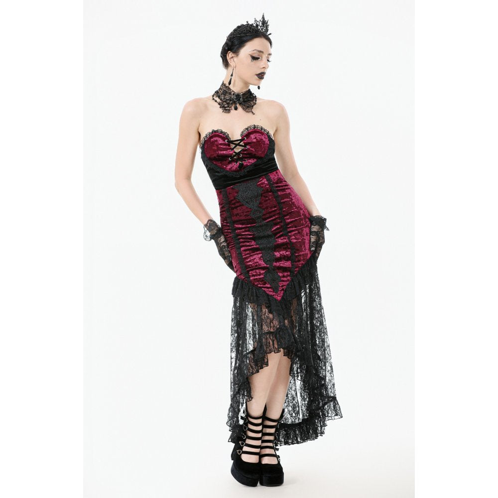 Dark in Love Crimson Queen Lace High-Low Goth Skirt in Burgundy & Black - DevilGothic DevilGothic