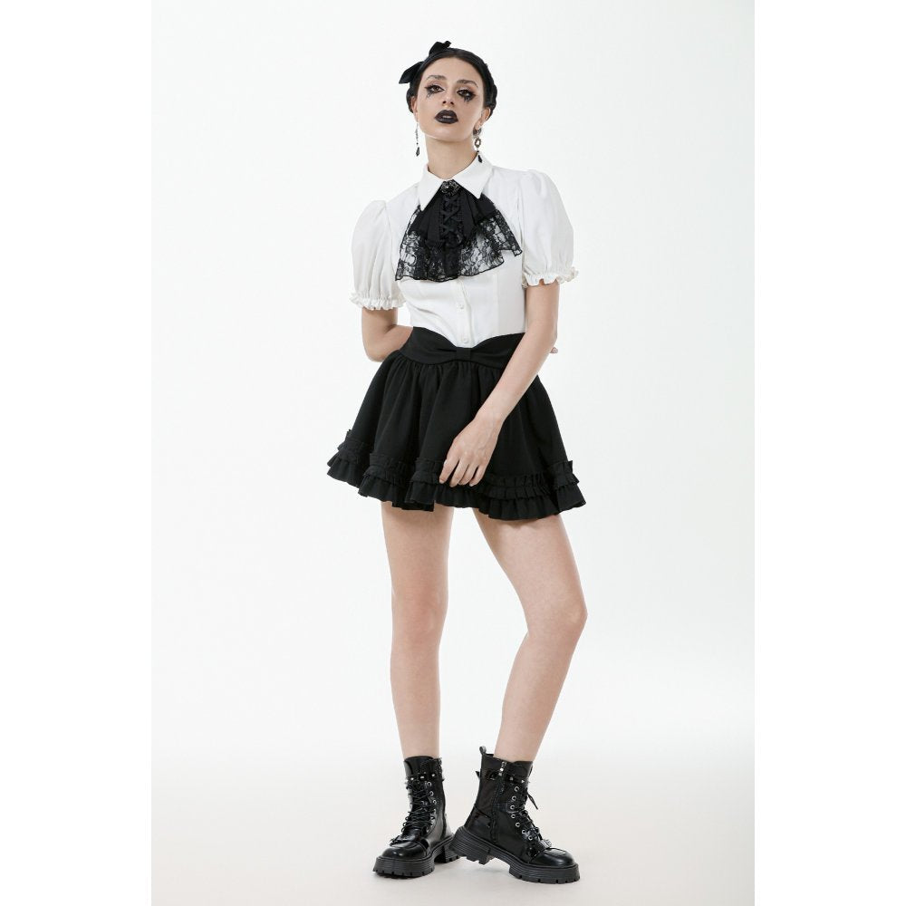 Dark in Love Elysia Ruffle Bib Puff Sleeve Goth Blouse in White - DevilGothic DevilGothic