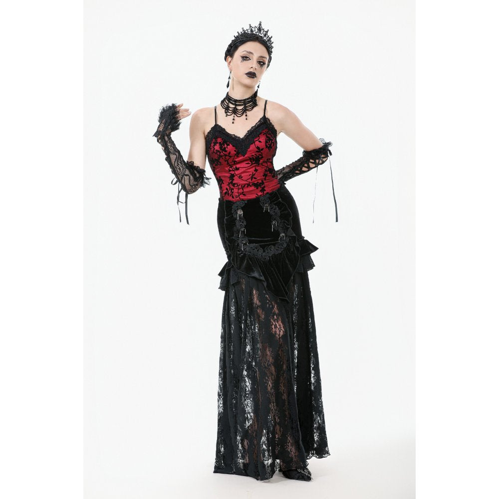 Dark in Love Gothic Lace Velvet Layered Maxi Skirt in Black - DevilGothic DevilGothic