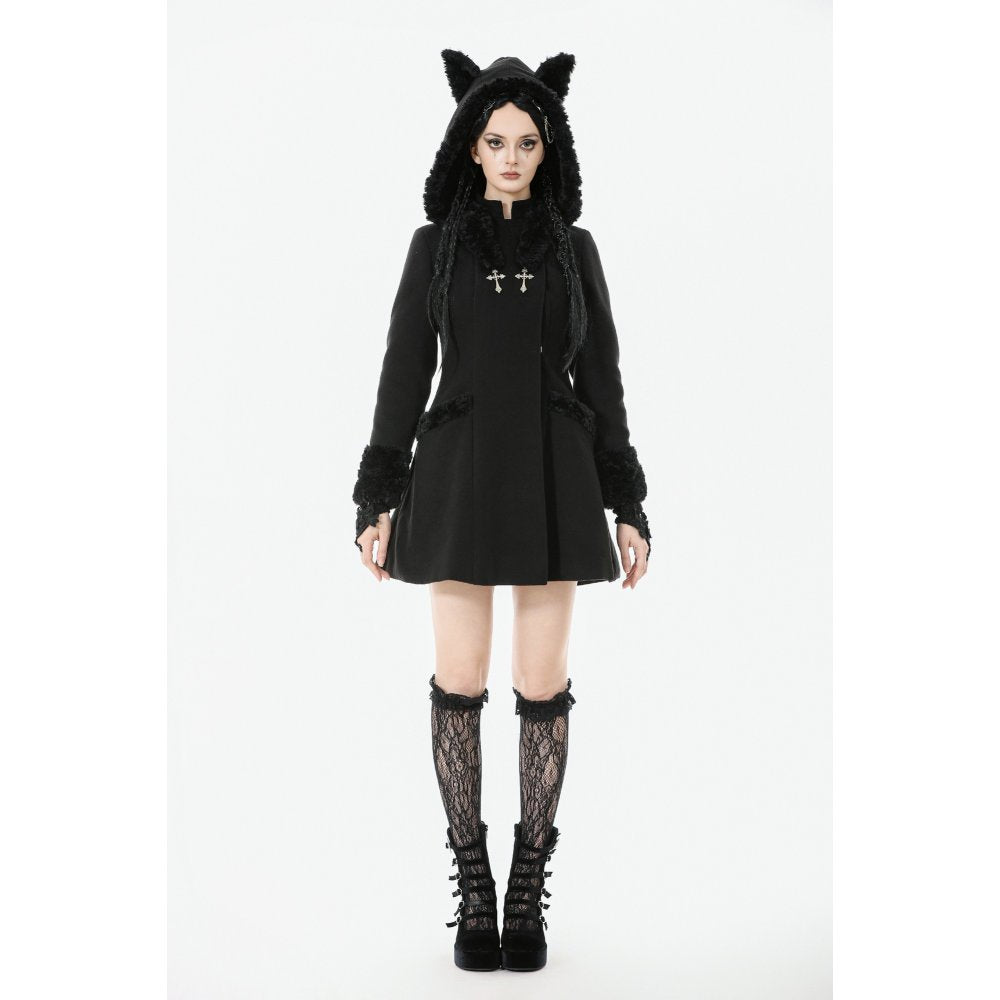 Dark in Love Cat-Ear Faux Fur Trim Gothic Coat - DevilGothic DevilGothic