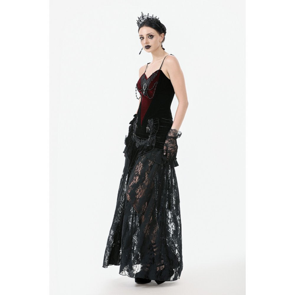Dark in Love Gothic Lace Velvet Layered Maxi Skirt in Black - DevilGothic DevilGothic