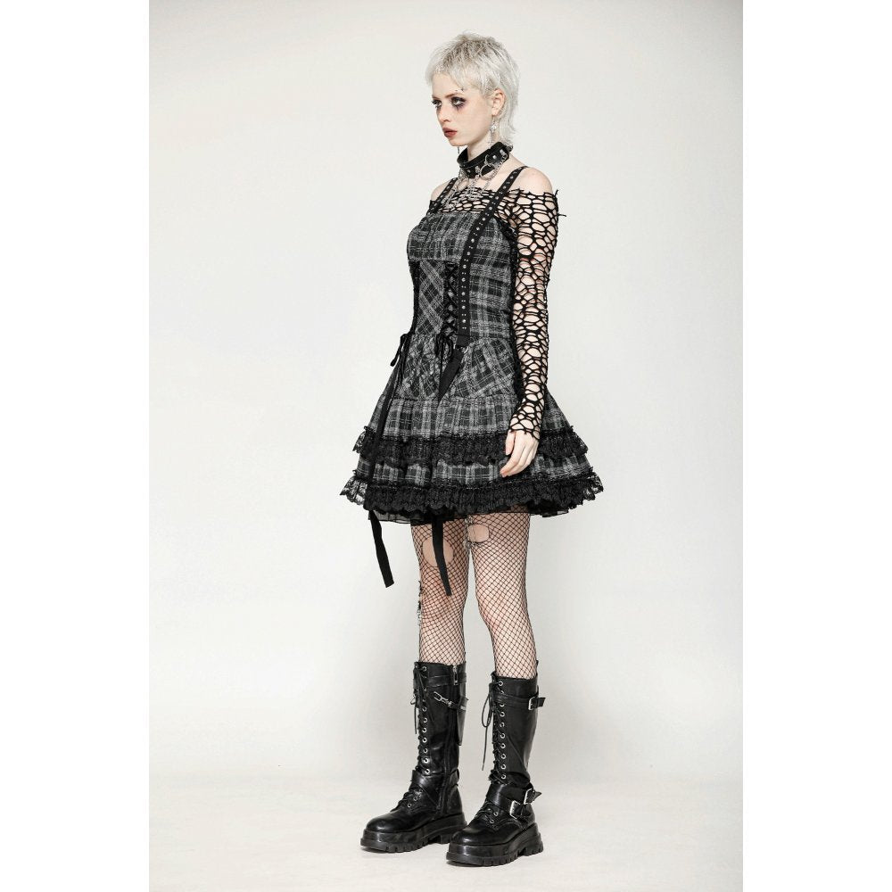 Dark in Love Ida Punk Grey Tartan Metal Studded Dress - DevilGothic DevilGothic