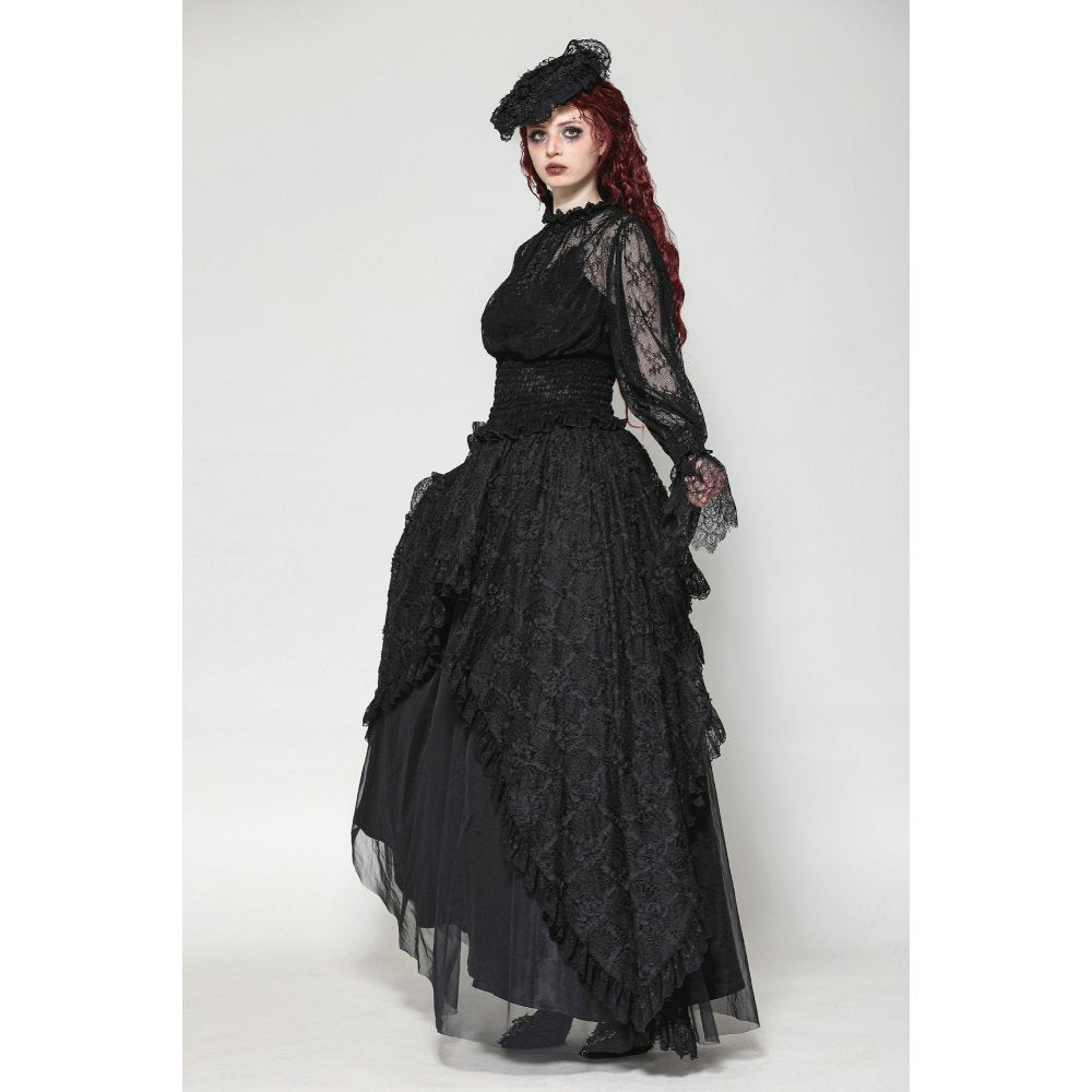Dark in Love Aoife Black Hollow Lace Elastic Pleated Waist Eyelash Lace Cuff Top - DevilGothic DevilGothic