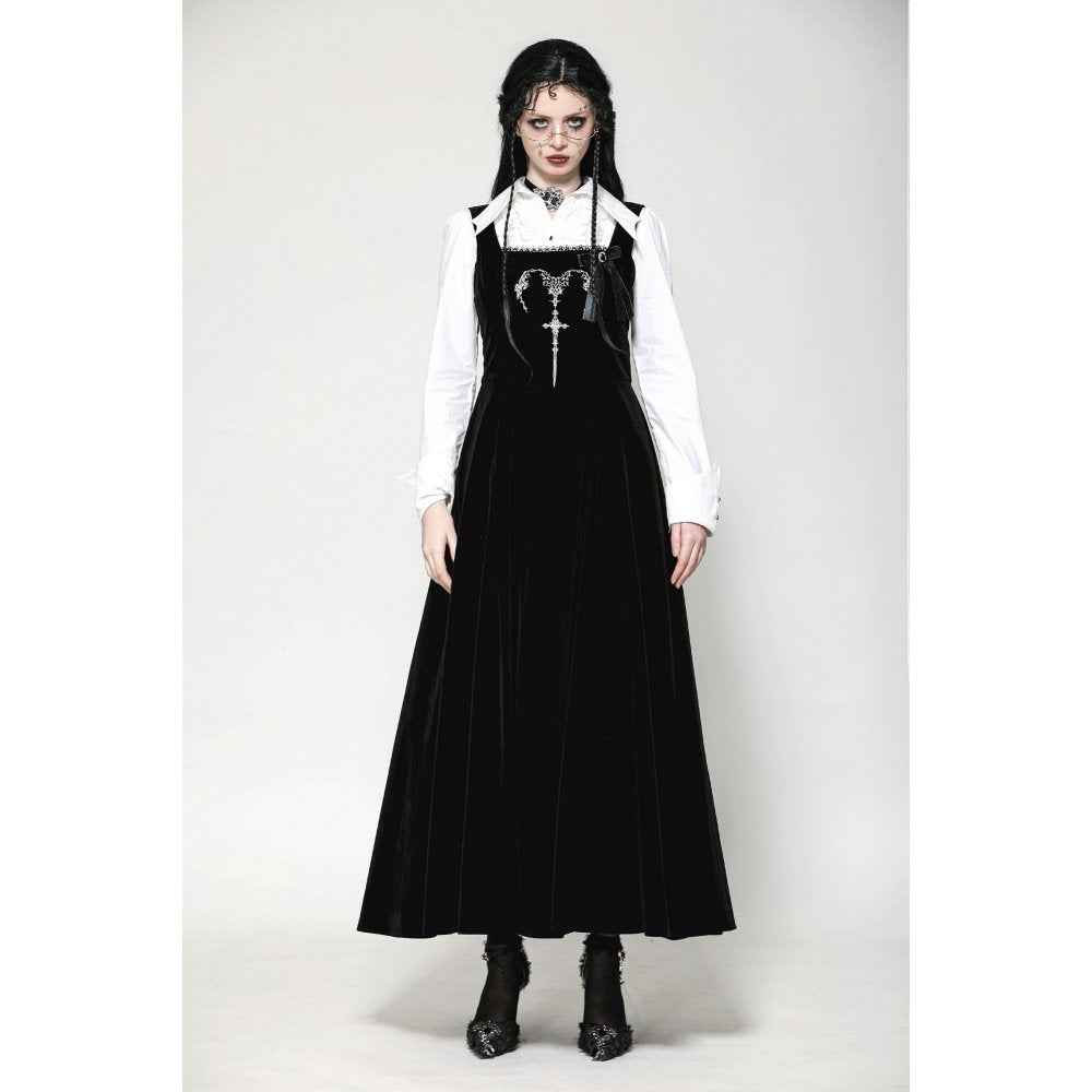 Dark in Love Lux Black Velvet Horn Embroidery Maxi Dress