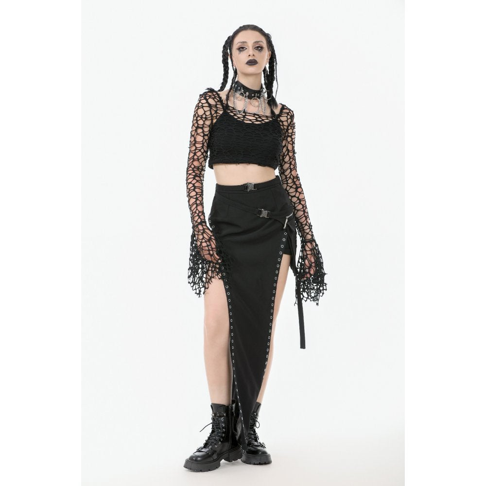 Dark in Love Morana Mesh Crochet Knit Bell Sleeve Crop Top - DevilGothic DevilGothic
