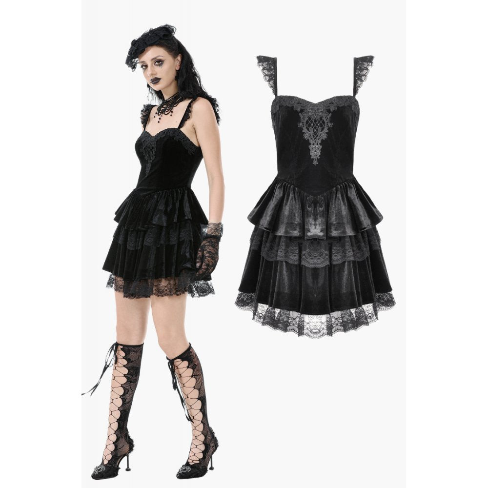 Dark in Love Nocturne Ruffled Velvet Lace Goth Dress in Black - DevilGothic DevilGothic