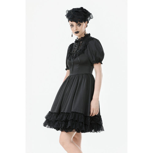 Dark in Love Belladonna Lace-Up High Collar Puff Sleeve Goth Dress  in Black - DevilGothic DevilGothic
