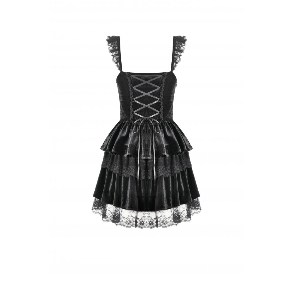Dark in Love Nocturne Ruffled Velvet Lace Goth Dress in Black - DevilGothic DevilGothic