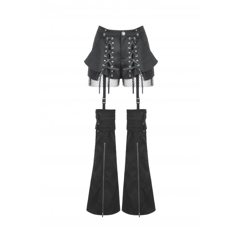 Dark in Love Lace-Up Layered Goth Convertible Flare Trousers or Shorts - DevilGothic DevilGothic