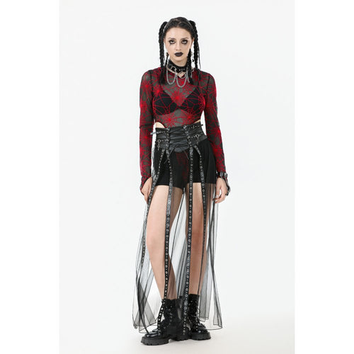 Dark in Love Gothic Sheer Mesh Maxi Skirt with PU Waist Corset - DevilGothic DevilGothic