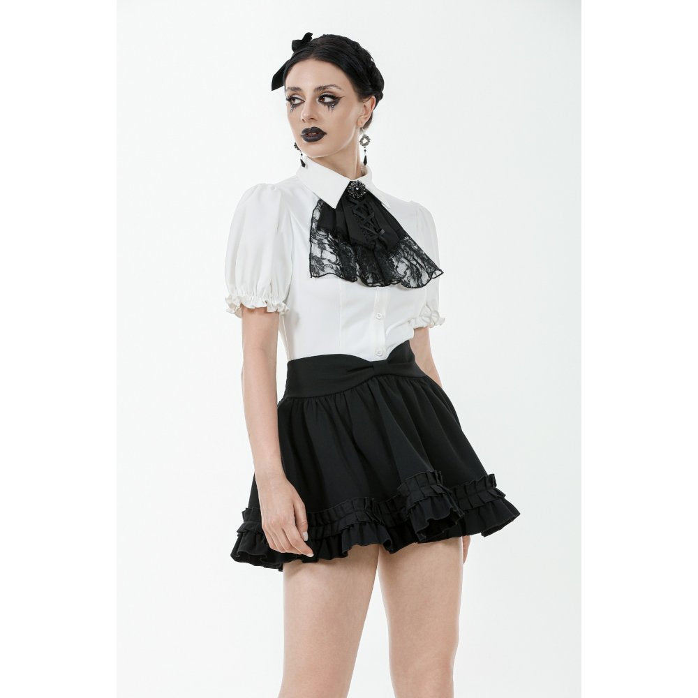 Dark in Love Elysia Ruffle Bib Puff Sleeve Goth Blouse in White - DevilGothic DevilGothic