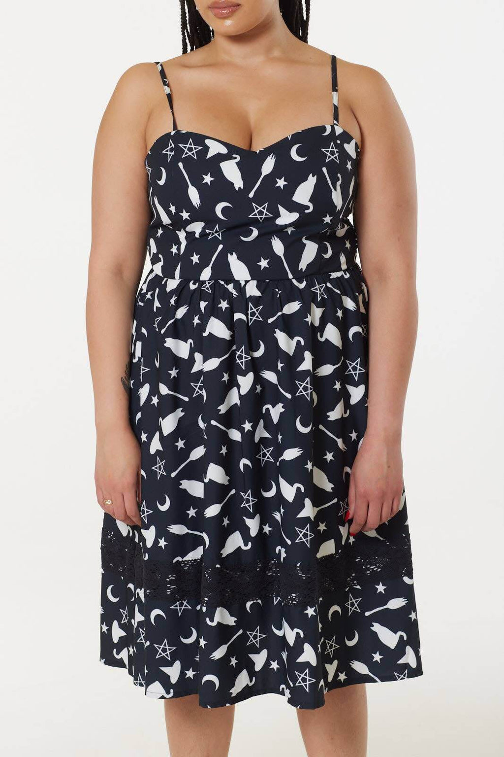 Alternative Midi Fit&Flare Witch Print Dress with Lace hem - DevilGothic DevilGothic