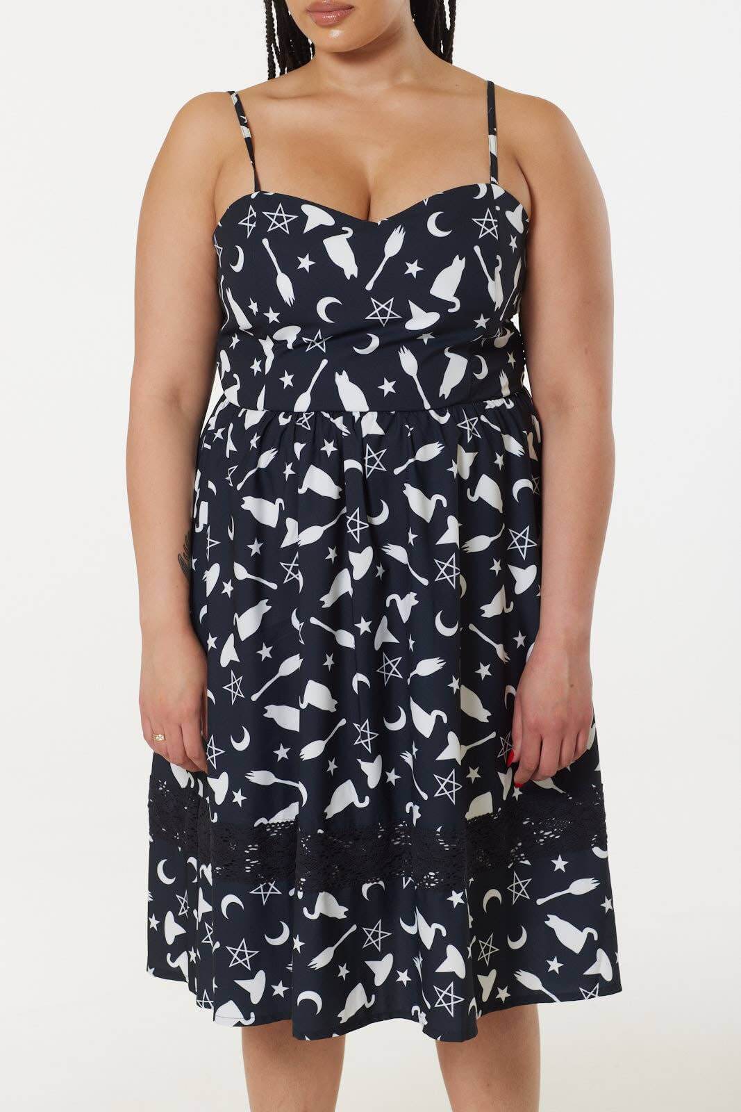 Alternative Midi Fit&Flare Witch Print Dress with Lace hem - DevilGothic DevilGothic