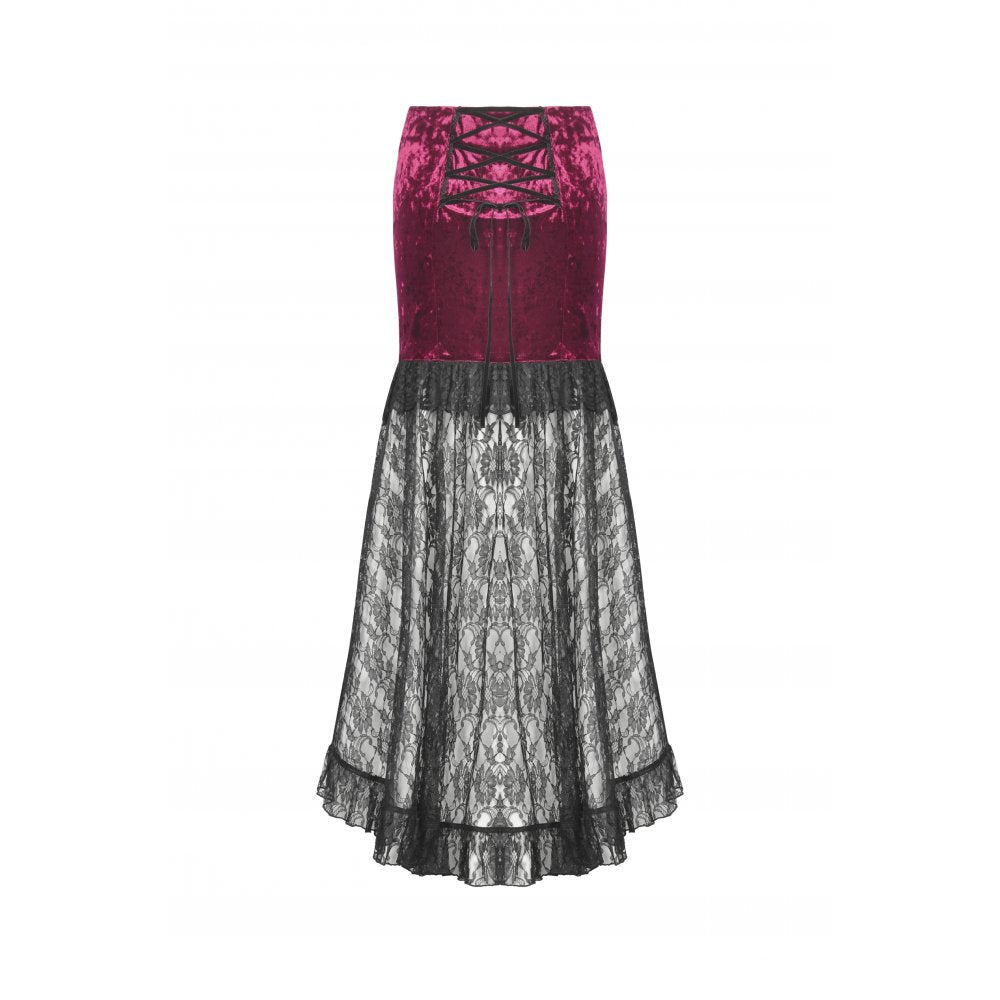 Dark in Love Crimson Queen Lace High-Low Goth Skirt in Burgundy & Black - DevilGothic DevilGothic