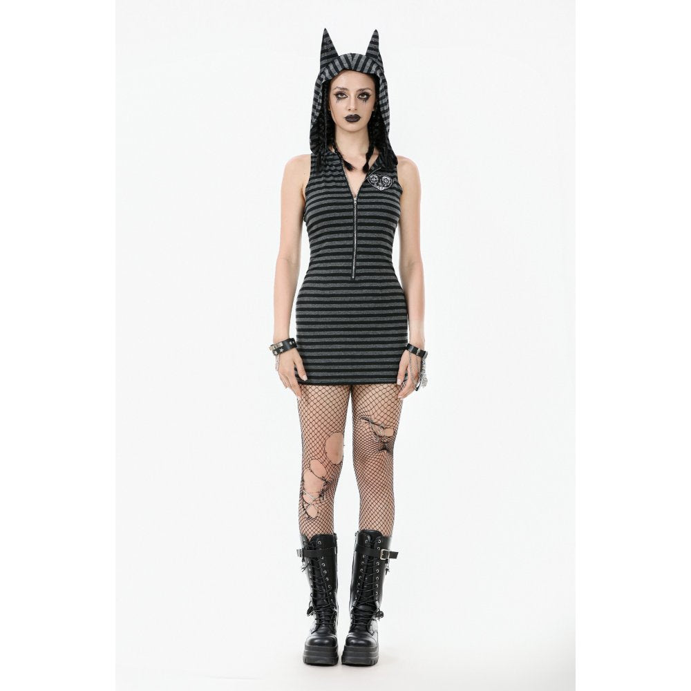 Dark In Love Salem Striped Cat Ear Hoodie Dress - DevilGothic DevilGothic