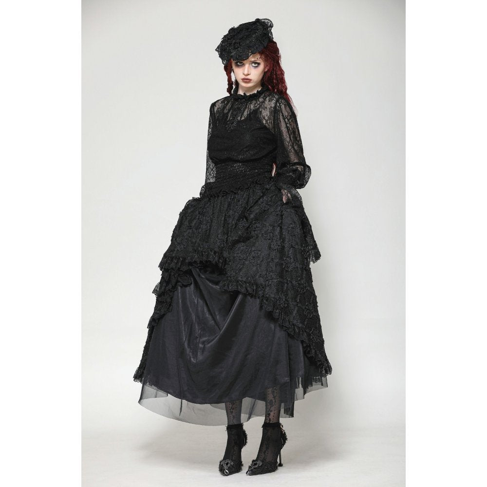 Dark in Love Aoife Black Hollow Lace Elastic Pleated Waist Eyelash Lace Cuff Top - DevilGothic DevilGothic