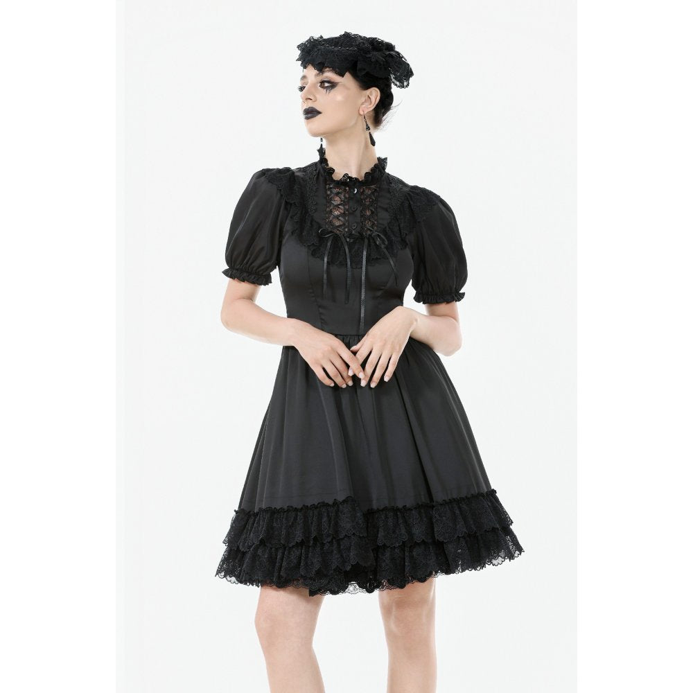 Dark in Love Belladonna Lace-Up High Collar Puff Sleeve Goth Dress  in Black - DevilGothic DevilGothic