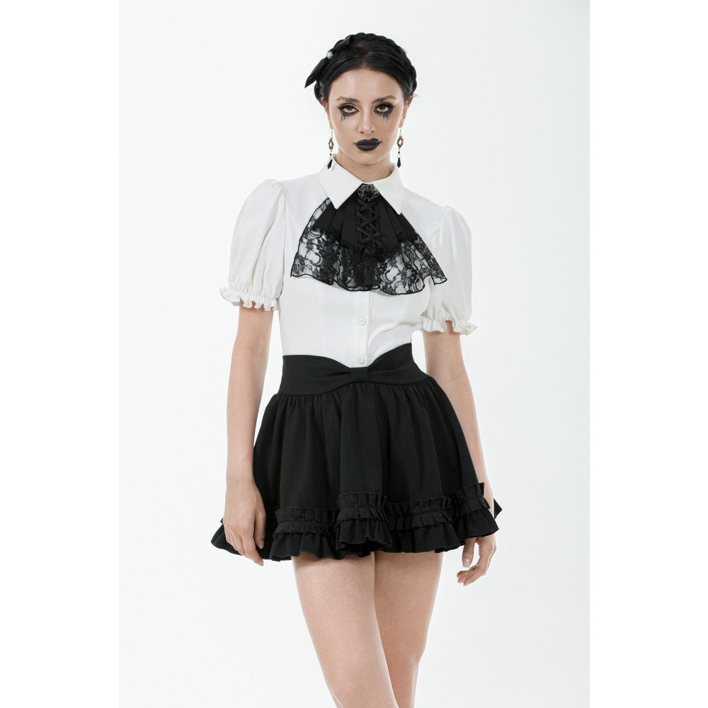 Dark in Love Elysia Ruffle Bib Puff Sleeve Goth Blouse in White - DevilGothic DevilGothic