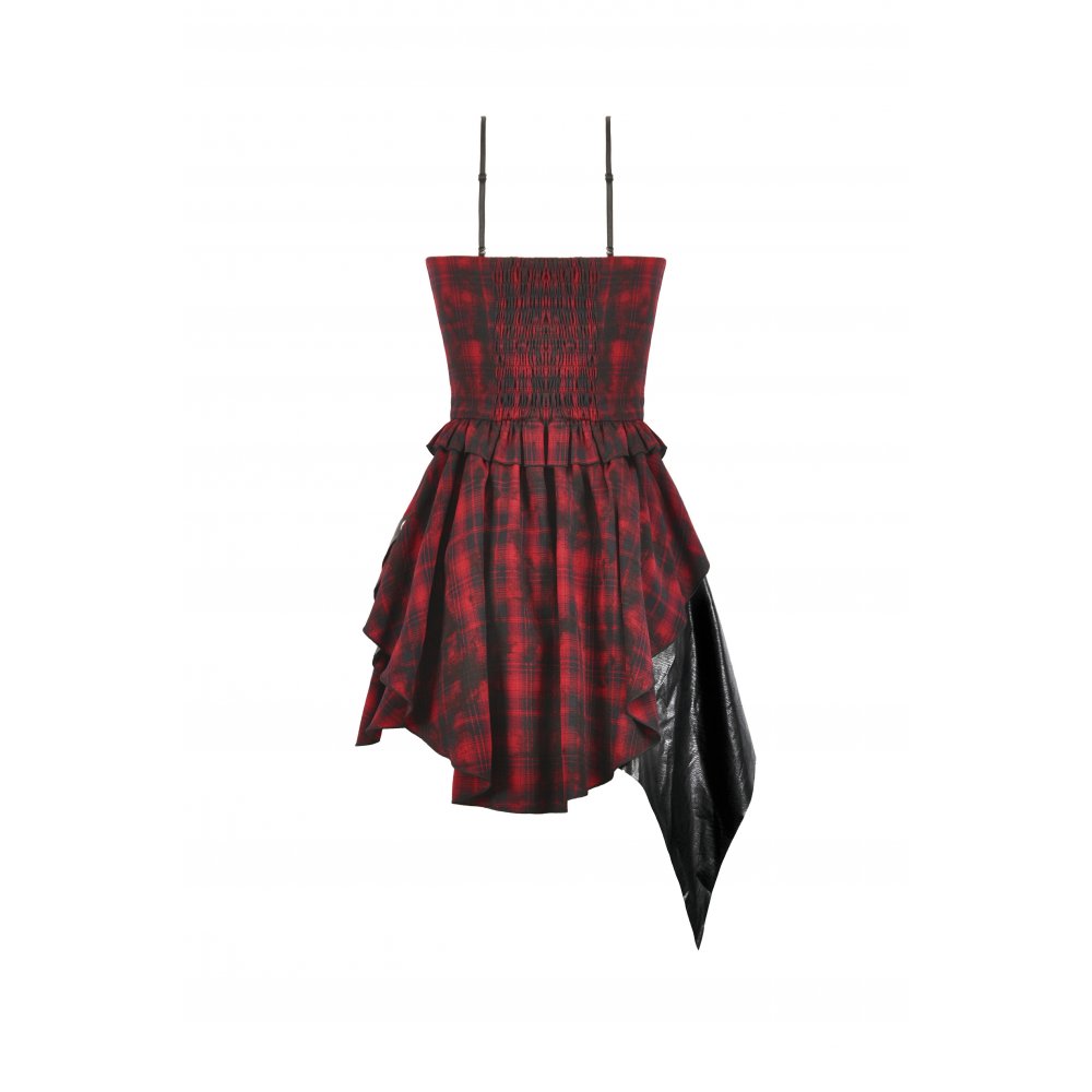 Dark in Love Red Tartan Corset Punk Dress with Handkerchief Skirt - DevilGothic DevilGothic