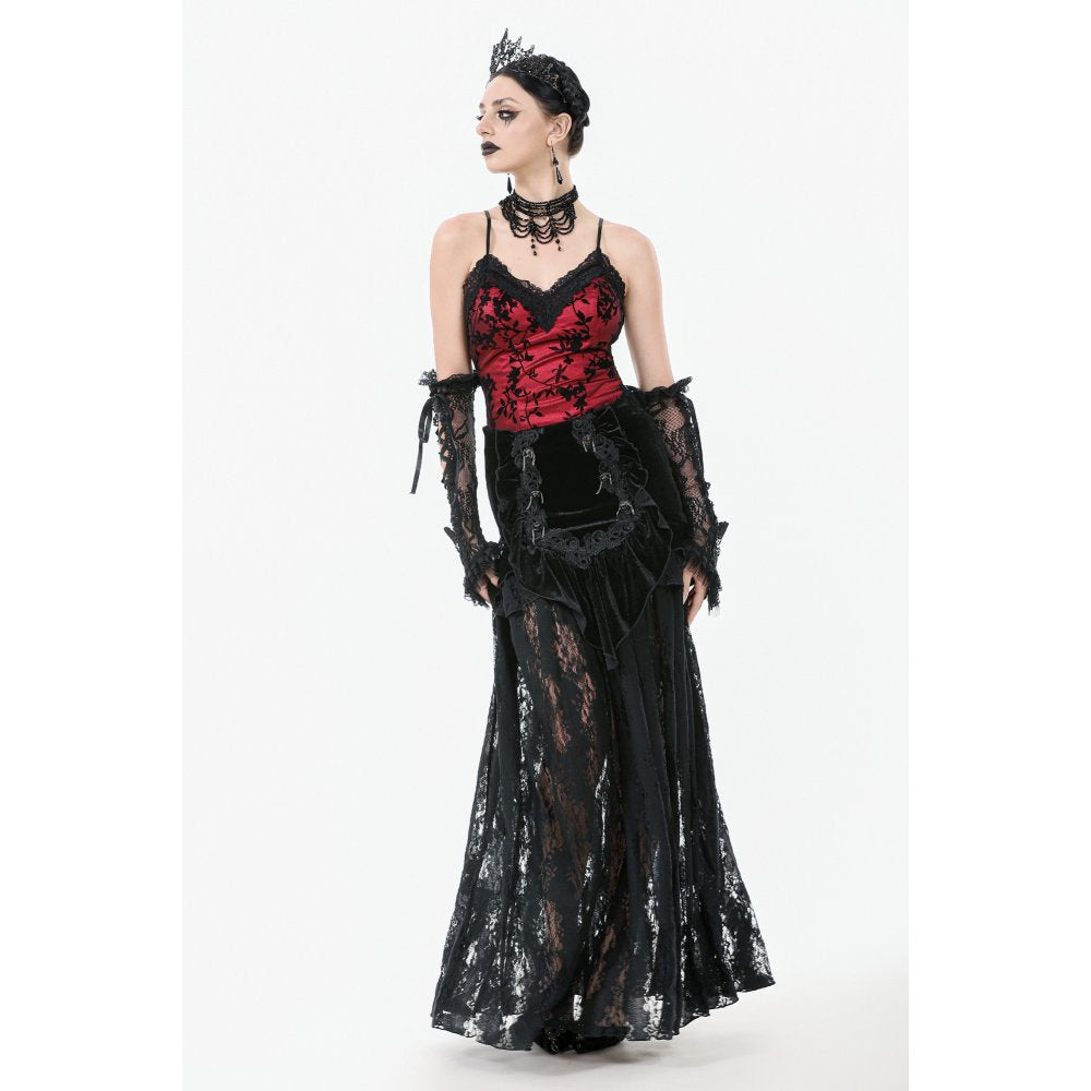 Dark in Love Gothic Lace Velvet Layered Maxi Skirt in Black - DevilGothic DevilGothic