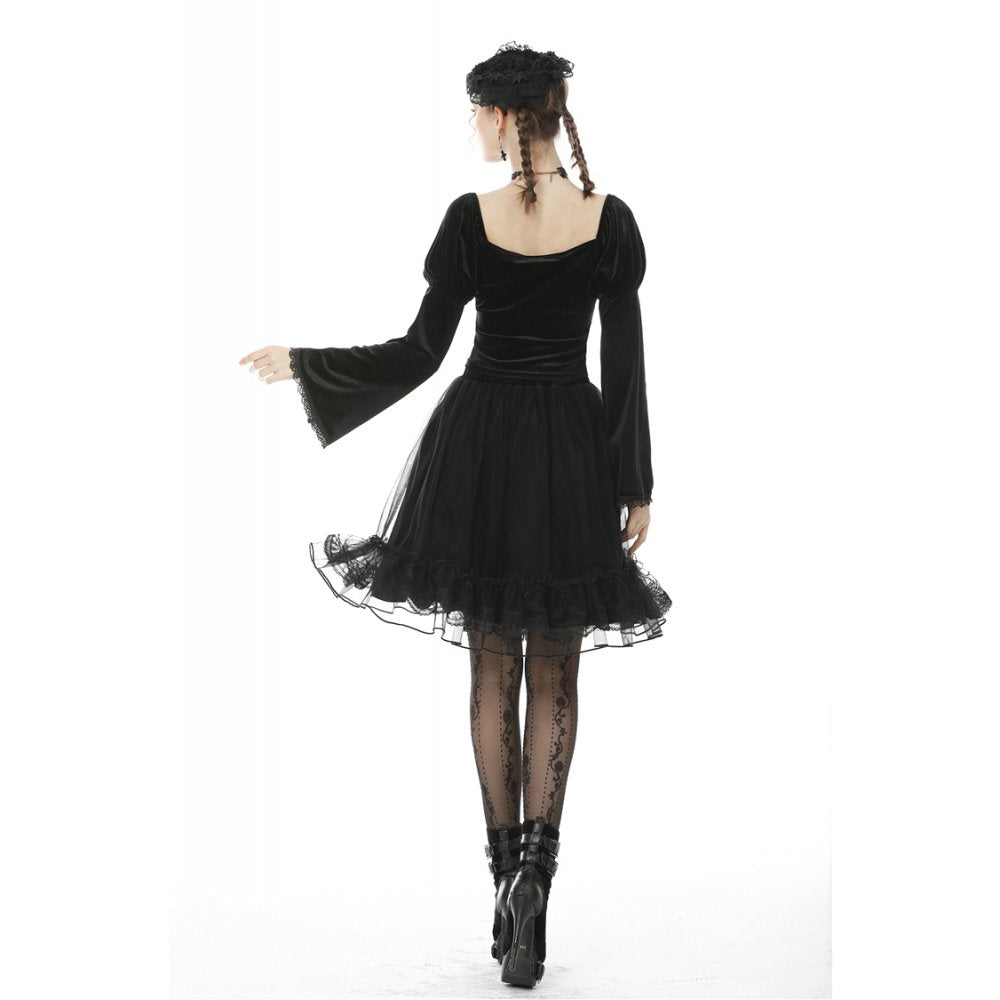 Dark in Love Melisandre Embroidered Velvet Mesh Goth Skirt in Black - DevilGothic DevilGothic