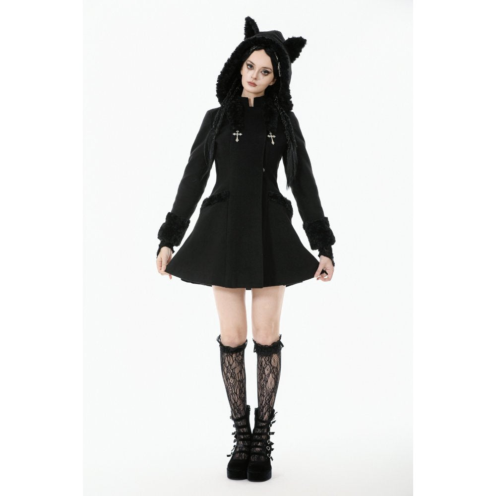 Dark in Love Cat-Ear Faux Fur Trim Gothic Coat - DevilGothic DevilGothic