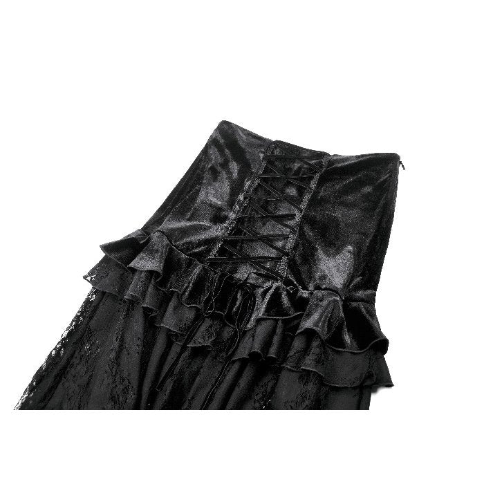 Dark in Love Gothic Lace Velvet Layered Maxi Skirt in Black - DevilGothic DevilGothic