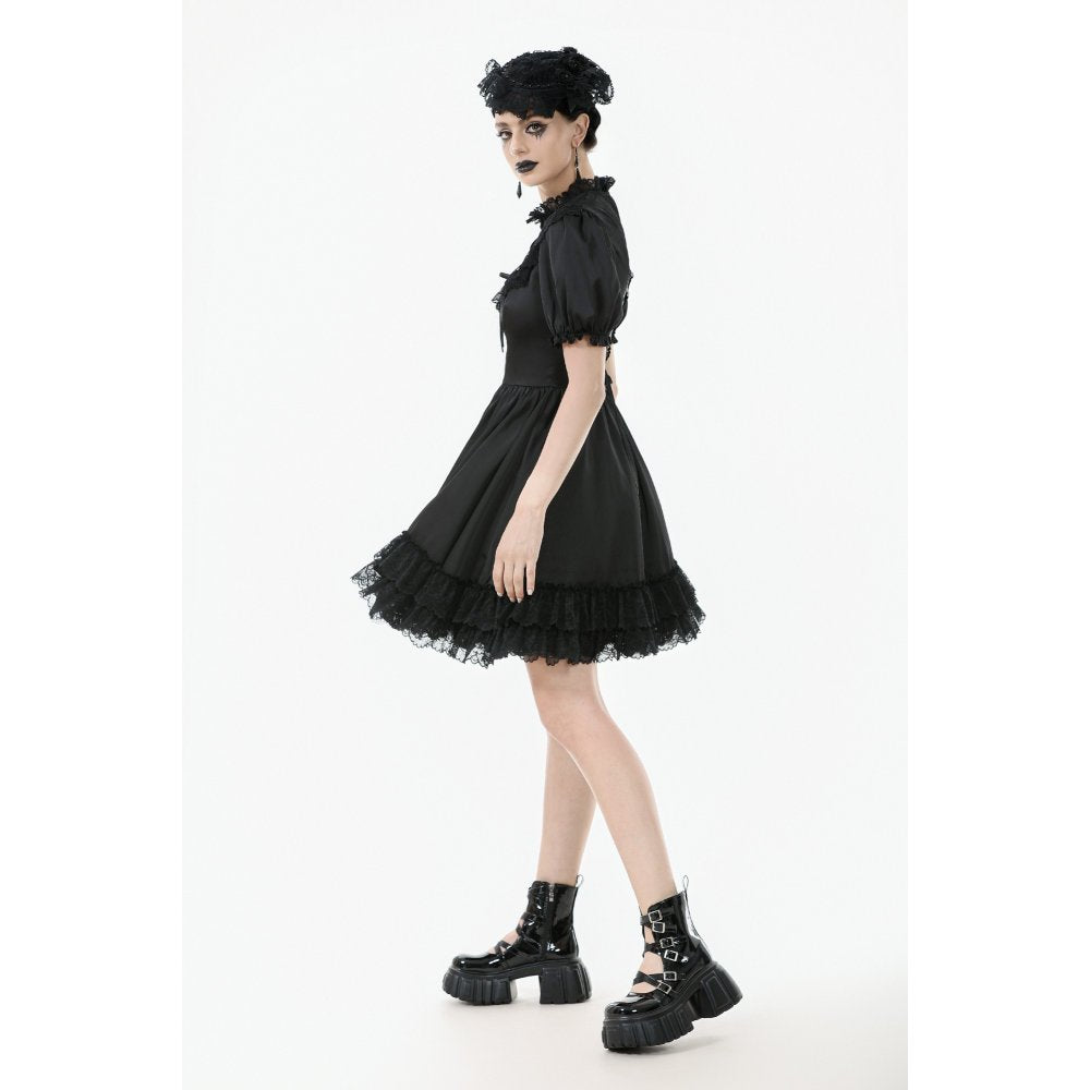 Dark in Love Belladonna Lace-Up High Collar Puff Sleeve Goth Dress  in Black - DevilGothic DevilGothic